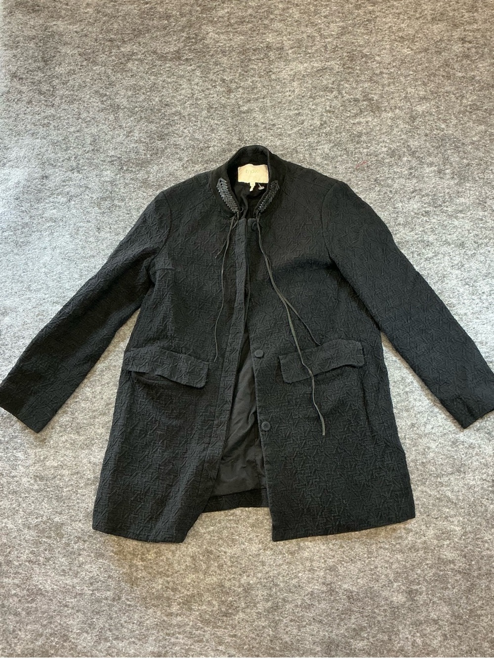 Maje Black Textured Coat with Stand Collar and Tie Detailing Size 40
